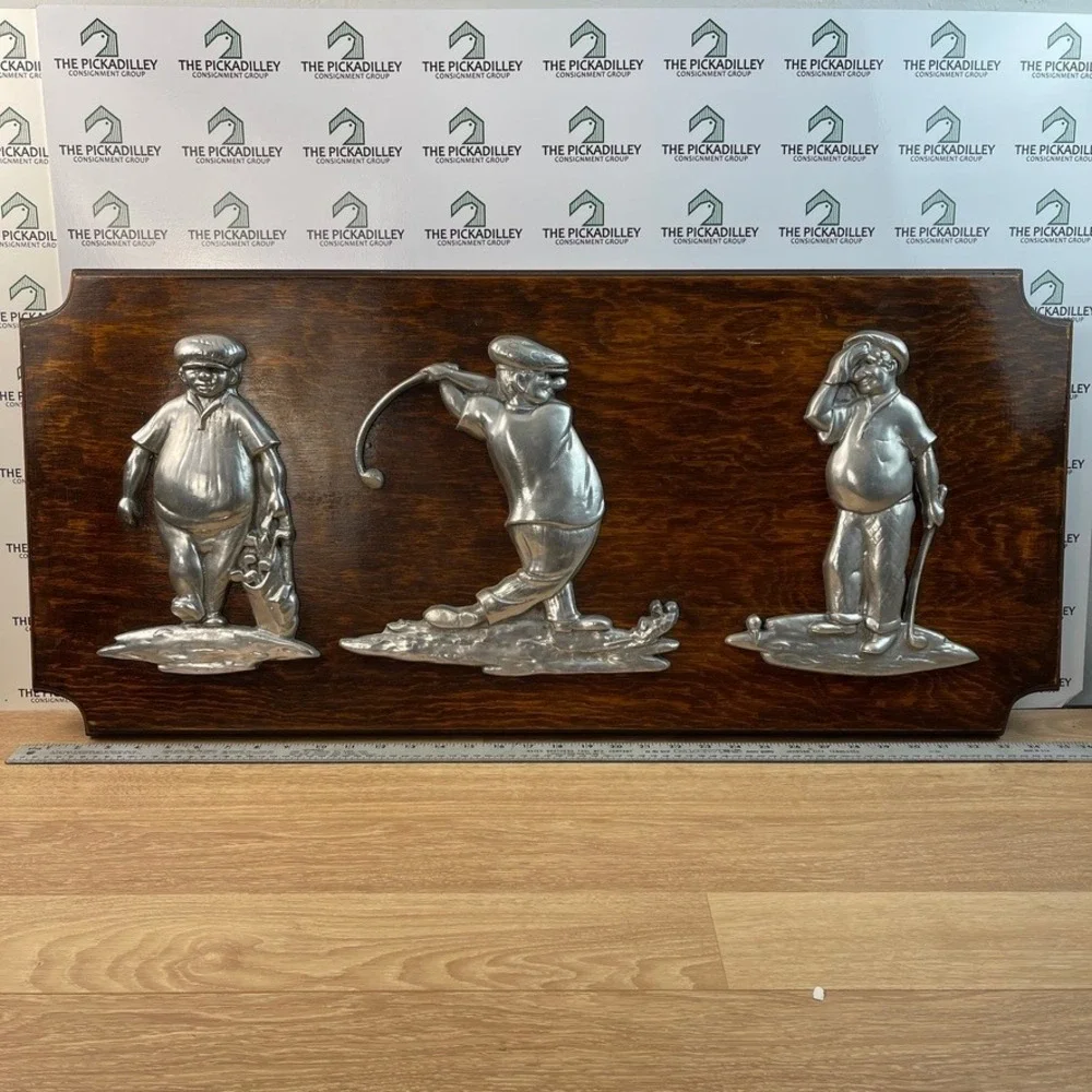Vintage 3D Golf Wall Plaque Large Wood & Pewter Metal Figures 33.5